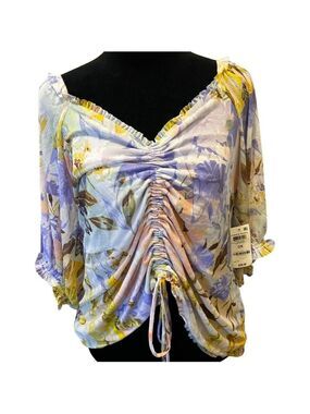 INC Printed Floral Top Lightweight Shirred Tie Front Front S/S  Sz 0x $60 NWT